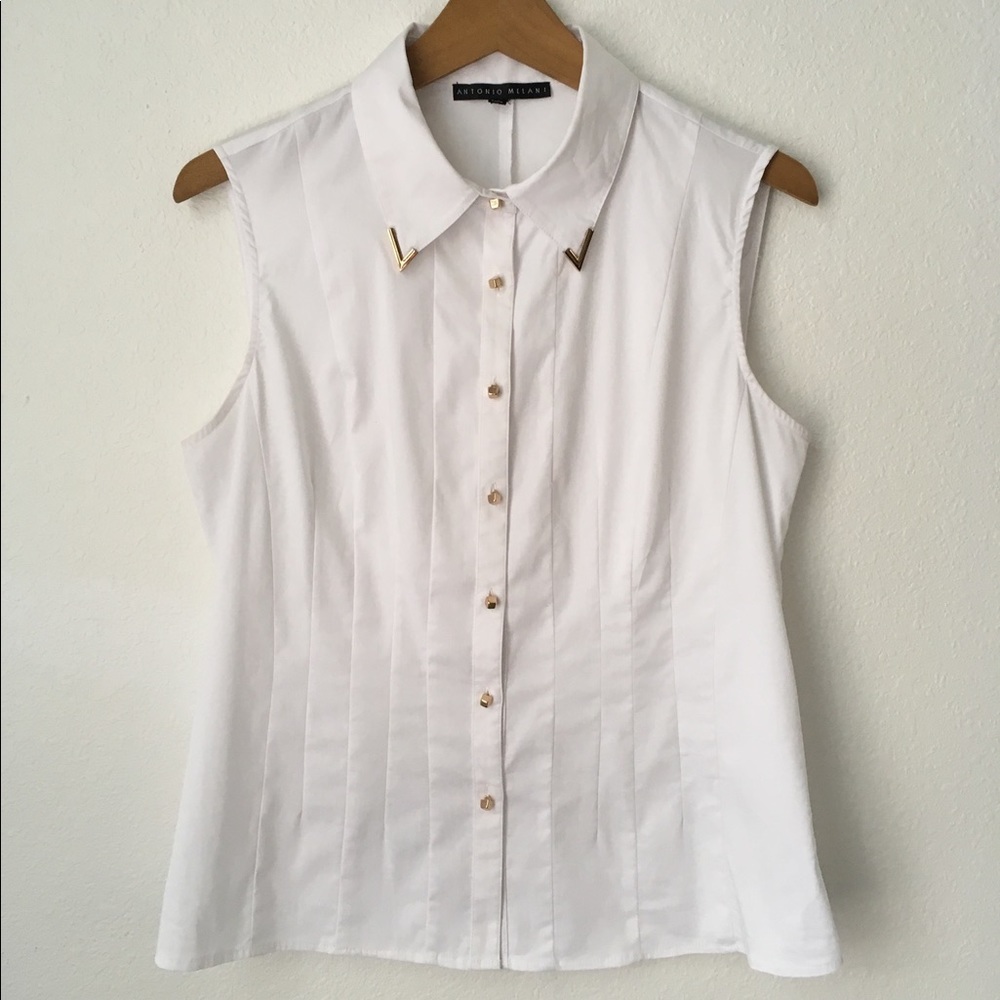 White Sleeveless Blouse with Metallic Gold Details